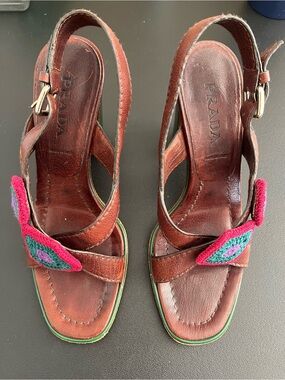Prada Brown Leather Slingback Sandals with Pink & Teal Crochet Accents